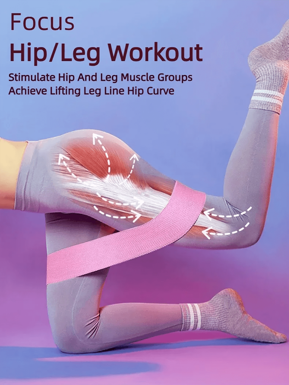 Woman using pink resistance band for hip and leg workout, highlighting muscle engagement and fitness results.